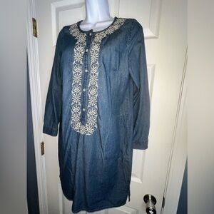 J. Jill Petites Small Blue Chambray Long Sleeve Embroidered Tunic Dress SP